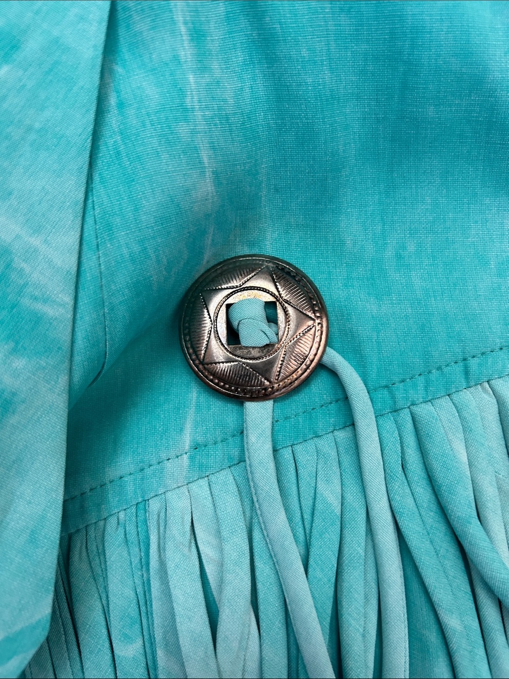 Vintage 80s Rabbit Rabbit Rabbit Turquoise Jumpsuit with Fringe & Conchos, Small - Picture 9 of 16